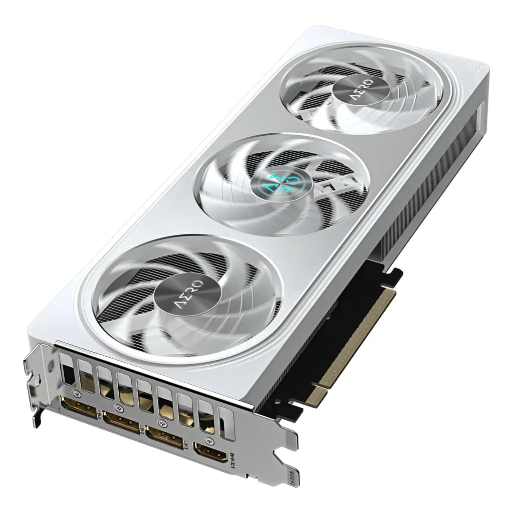 Gigabyte GeForce RTX 5060 Ti Aero OC 8GB Blanco, vista en perspectiva: tres ventiladores, logo AERO y puertos HDMI y