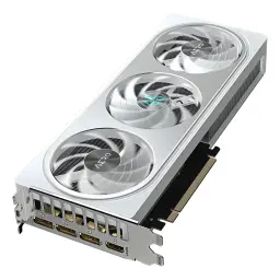 Gigabyte GeForce RTX 5060 Ti Aero OC 8GB Blanco, vista en perspectiva: tres ventiladores, logo AERO y puertos HDMI y