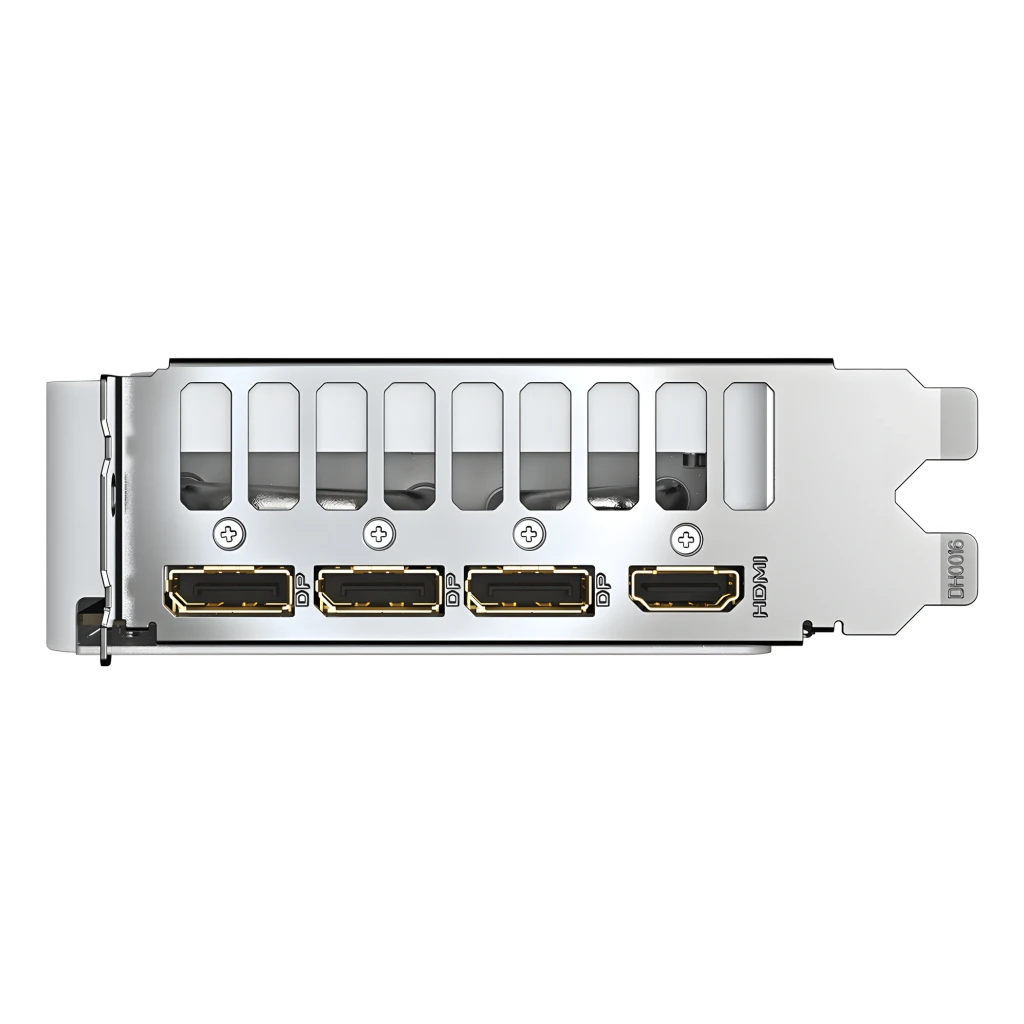 Gigabyte GeForce RTX 5060 Ti Aero OC 8GB branca, kit com caixa: placa em ângulo mostrando portas de saída e caixa verde e - Item6