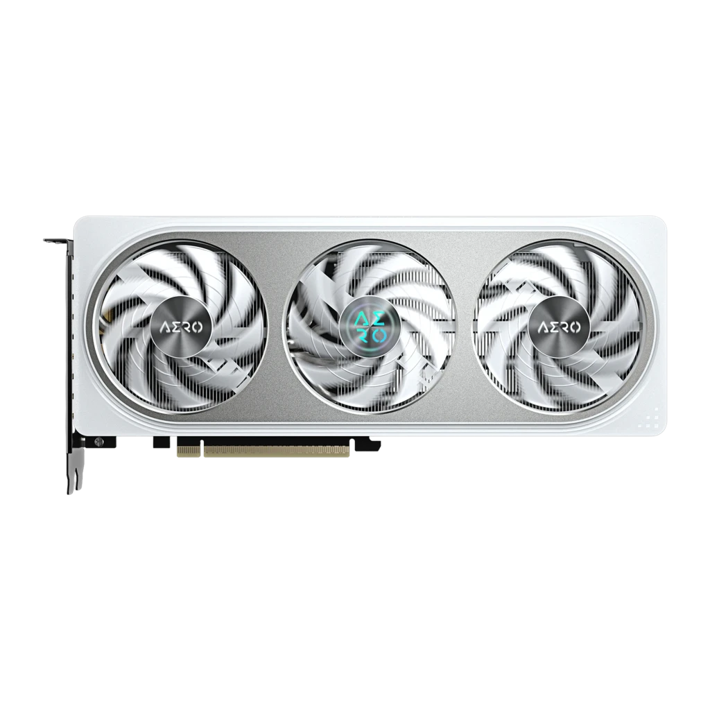 Gigabyte GeForce RTX 5060 Ti Aero OC 8GB branca, kit com caixa: placa em ângulo mostrando portas de saída e caixa verde e - Item1