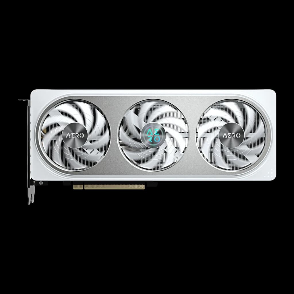Gigabyte GeForce RTX 5060 Ti Aero OC 8GB Blanco, vista frontal: tres ventiladores con logo AERO y conector PCIe visible