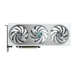 Gigabyte GeForce RTX 5060 Ti Aero OC 8GB Blanco, vista frontal: tres ventiladores con logo AERO y conector PCIe visible
