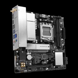 ASRock B850M Rock WiFi 128GB, angle frontal-latéral: panneau I/O avec HDMI, USB et audio, socket AM5 découvert