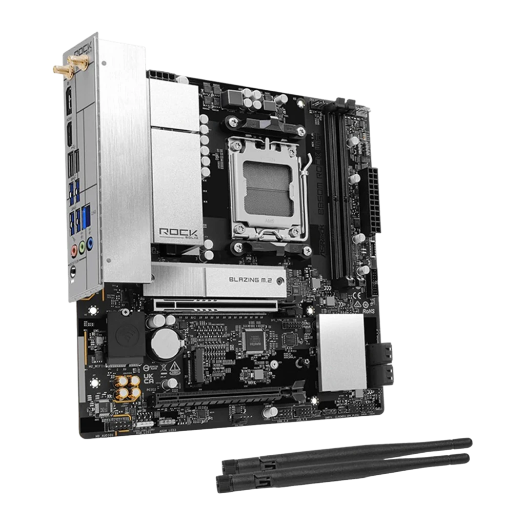 ASRock B850M Rock WiFi 128GB, ângulo frontal-lateral: painel I/O com HDMI, USB e áudio, socket AM5 sem tampa - Item2
