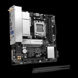 ASRock B850M Rock WiFi 128GB, vue en angle avec antennes WiFi: ports USB bleus et connecteurs audio visibles