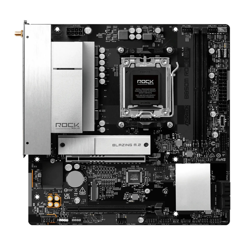 ASRock B850M Rock WiFi 128GB, ângulo frontal-lateral: painel I/O com HDMI, USB e áudio, socket AM5 sem tampa - Item1