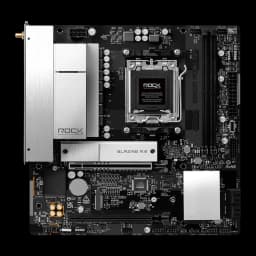 ASRock B850M Rock WiFi 128GB, vue dessus: socket AM5, dissipateur argenté, slot Blazing M.2 et panneau I/O