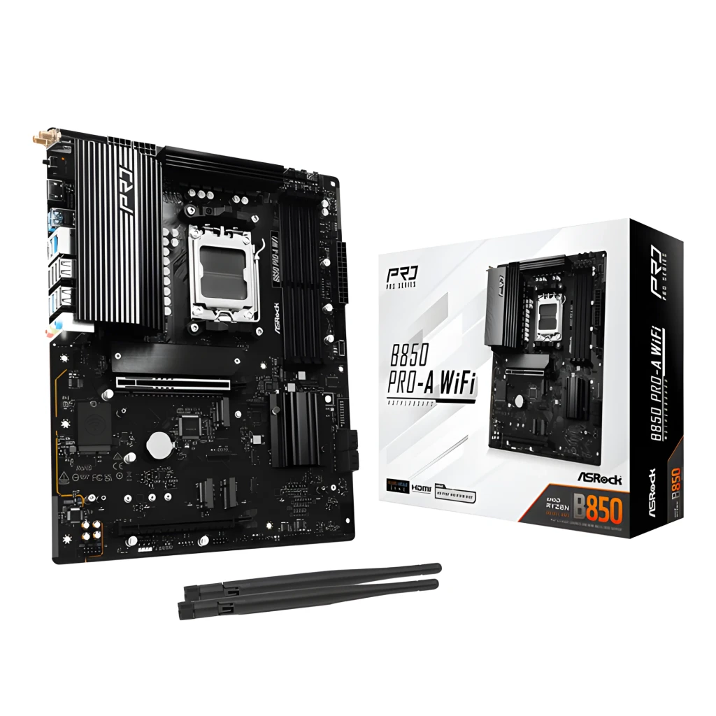 ASRock B850M Rock WiFi 128GB, ângulo frontal-lateral: painel I/O com HDMI, USB e áudio, socket AM5 sem tampa - Item3