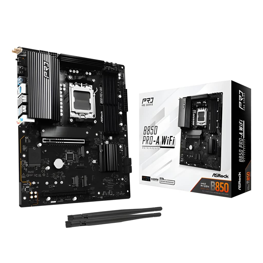 ASRock B850M Rock WiFi 128GB, vue avec boîte: carte mère noire Micro ATX AM5, antennes WiFi et emballage inclus