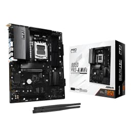 ASRock B850M Rock WiFi 128GB, vue avec boîte: carte mère noire Micro ATX AM5, antennes WiFi et emballage inclus