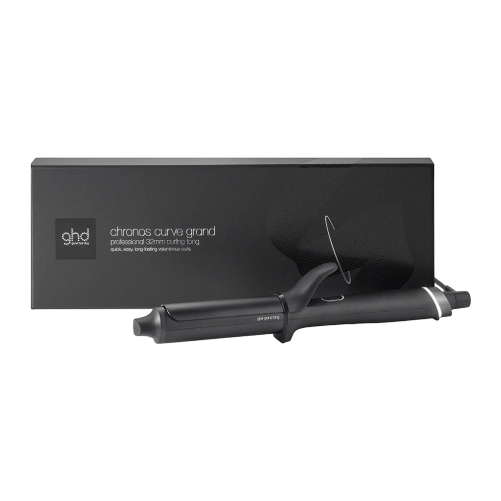ghd Chronos Curve Grand Tong negro, vista diagonal frontal: barril largo, pinza, anillo plateado y panel de control visibles - Ítem3