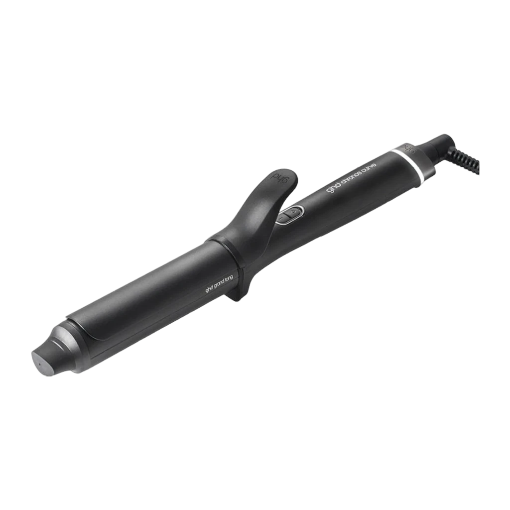 ghd Chronos Curve Grand Tong negro, vista diagonal frontal: barril largo, pinza, anillo plateado y panel de control visibles - Ítem2