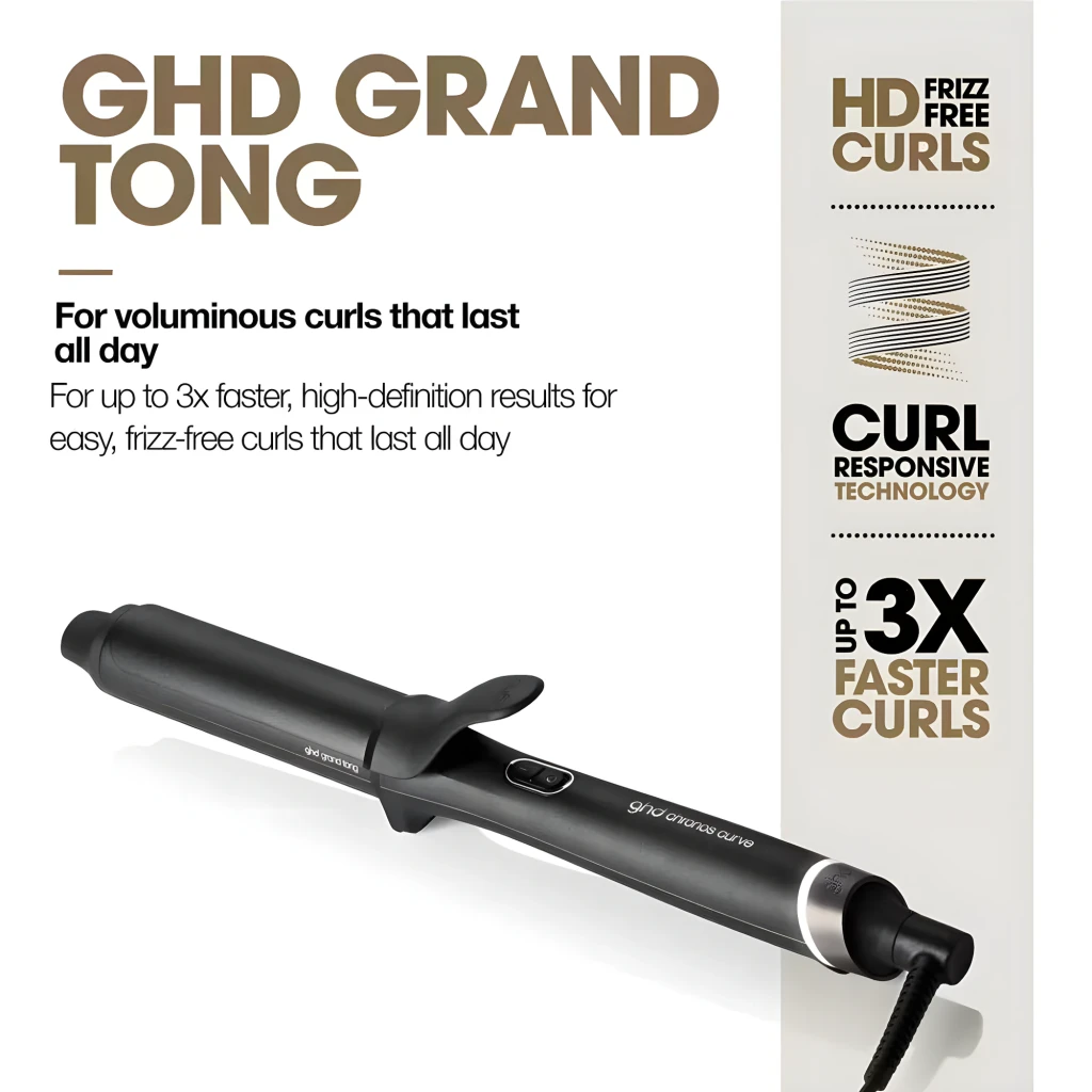 ghd Chronos Curve Grand Tong negro, vista diagonal frontal: barril largo, pinza, anillo plateado y panel de control visibles - Ítem5