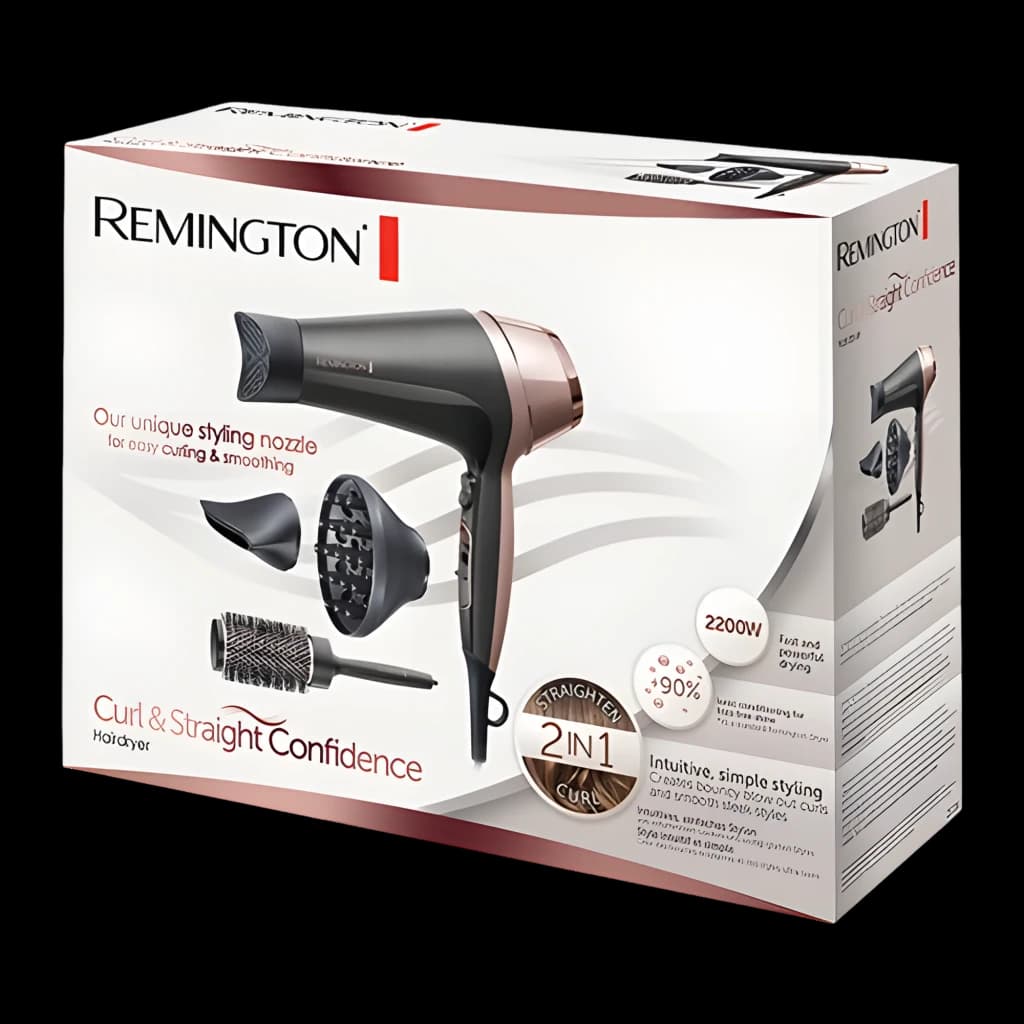 Remington D5706 Curl & Straight Confidence Preto Ouro rosado, caixa: embalagem frontal com secador, difusor, bocal e escova