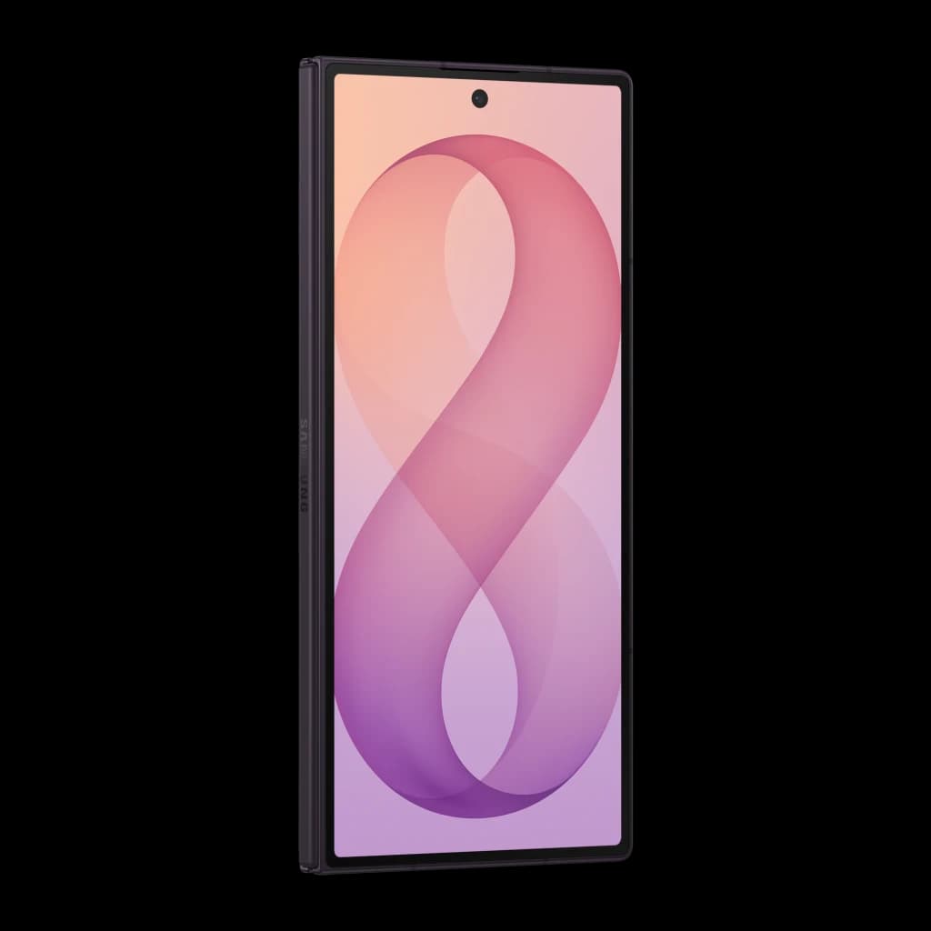 Samsung Galaxy Z Fold8 Ultra 5G 256GB Violeta Noturno, vista frontal em ângulo: ecrã ligado com fundo degradê rosa-violeta e