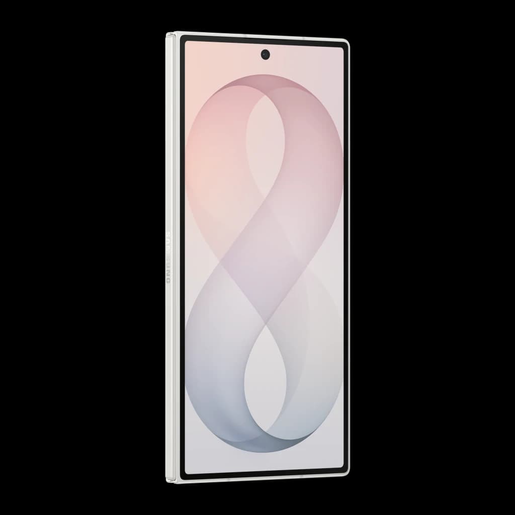 Samsung Galaxy Z Fold8 Ultra 5G 256GB Creme, vista frontal em ângulo: ecrã ligado com fundo degradê rosa e câmara frontal