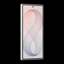 Samsung Galaxy Z Fold8 Ultra 5G 256GB Creme, vista frontal em ângulo: ecrã ligado com fundo degradê rosa e câmara frontal
