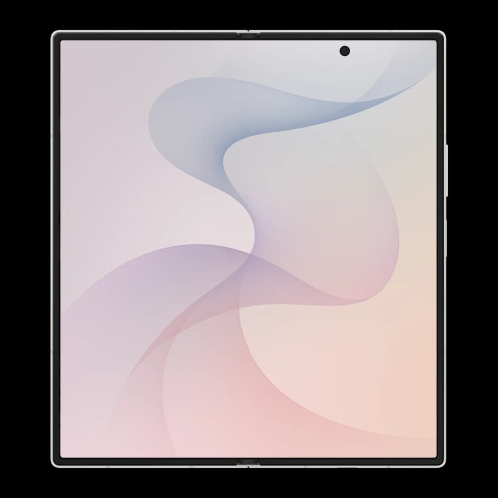 Samsung Galaxy Z Fold8 Ultra 256GB Creme, vista frontal aberta: ecrã interior desdobrado com fundo de ondas pastel