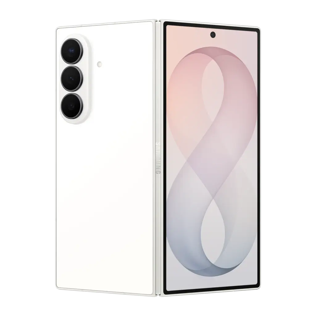 Samsung Galaxy Z Fold8 Ultra 5G 256GB Creme, vista traseira e frontal: dobrado fechado, módulo de três câmeras e ecrã
