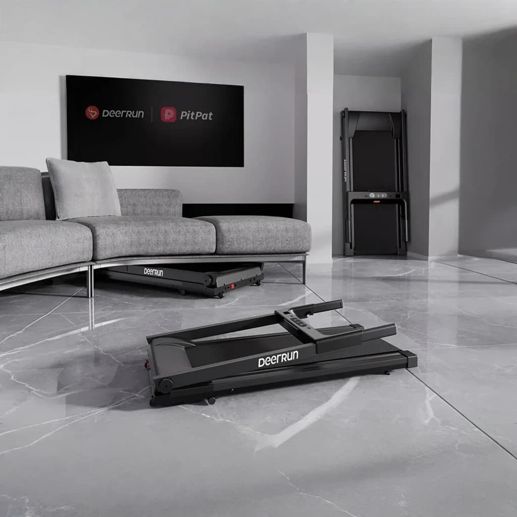 DeerRun A1 Urban tapis de course plié, profil ultra bas 176 mm, inclinaison 6 %, finition noire, roues discrètes, se glisse sous canapé, design épuré