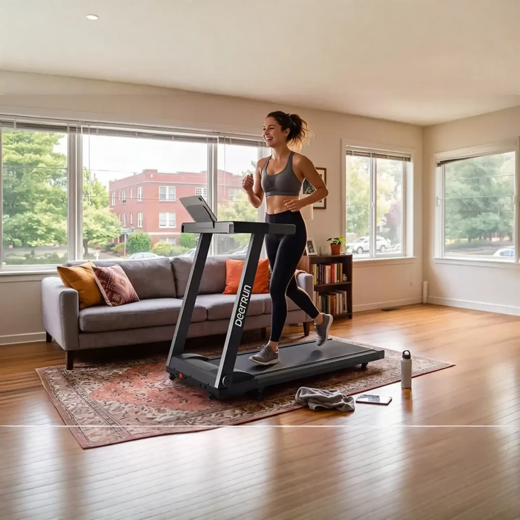 DeerRun A1 Urban cinta plegable negra con panel digital, soporte para dispositivo, barandillas rectas y base compacta de 176 mm con inclinación de 6% - Ítem3