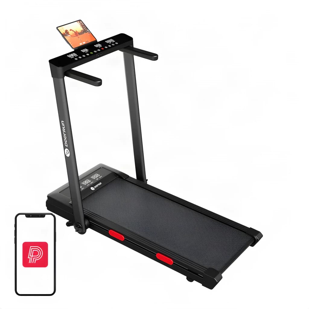 Cinta de correr DeerRun Z10 Pro plegable con marco negro, pantalla LED, soporte para móvil, 12 km/h, inclinación 12%, 12 niveles y conectividad con app
