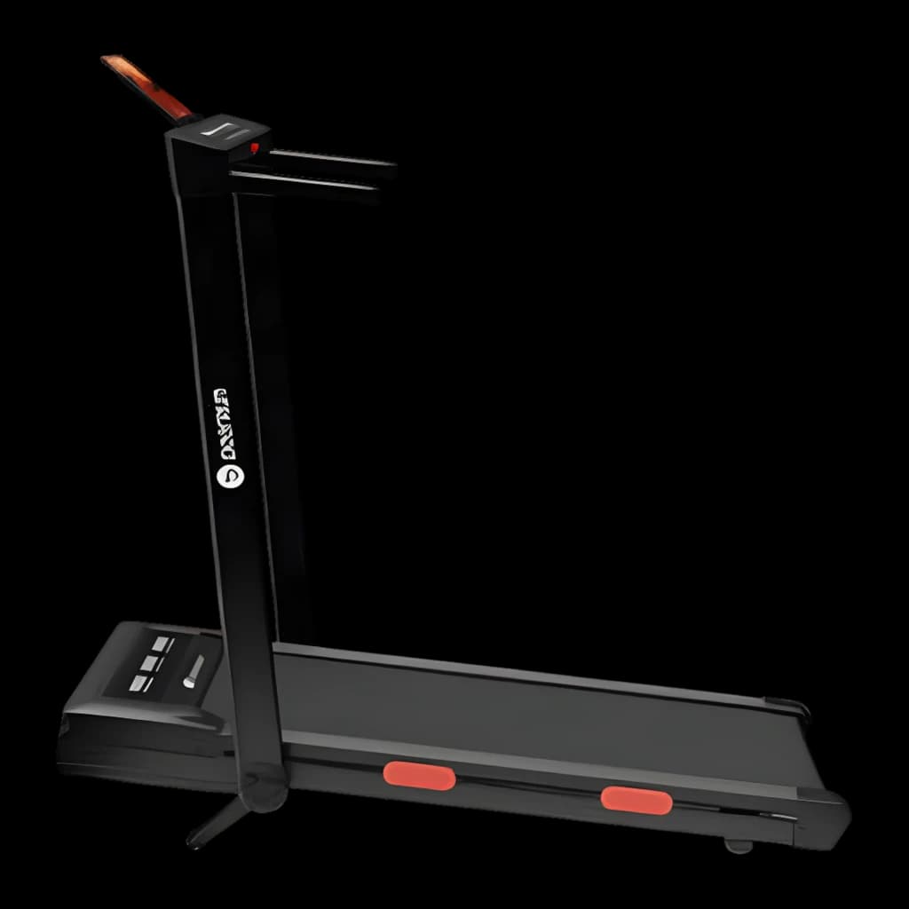 Cinta de correr DeerRun Z10 Pro plegable, diseño negro con barandales altos, pantalla en soporte, amortiguadores rojos laterales y base compacta para hogar