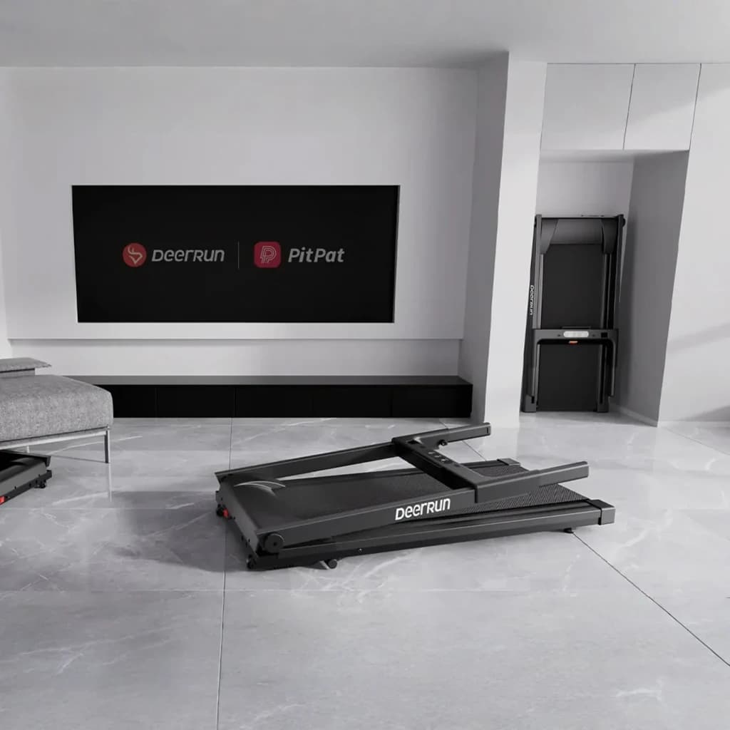 Tapis de course Deerrun A1 Pro Move+ pliable, compact, noir, écran LED, inclinaison 6 %, vitesse jusqu’à 12 km/h, rangé verticalement pour gain de place