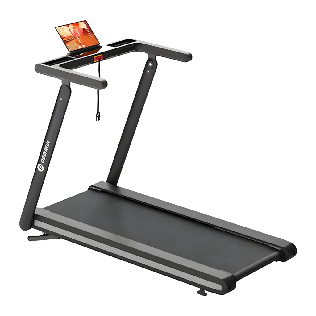Cinta de correr Deerrun X20 Negro Plegable 18km/h 15% Automática, vista lateral: banda negra, manillar en T y soporte