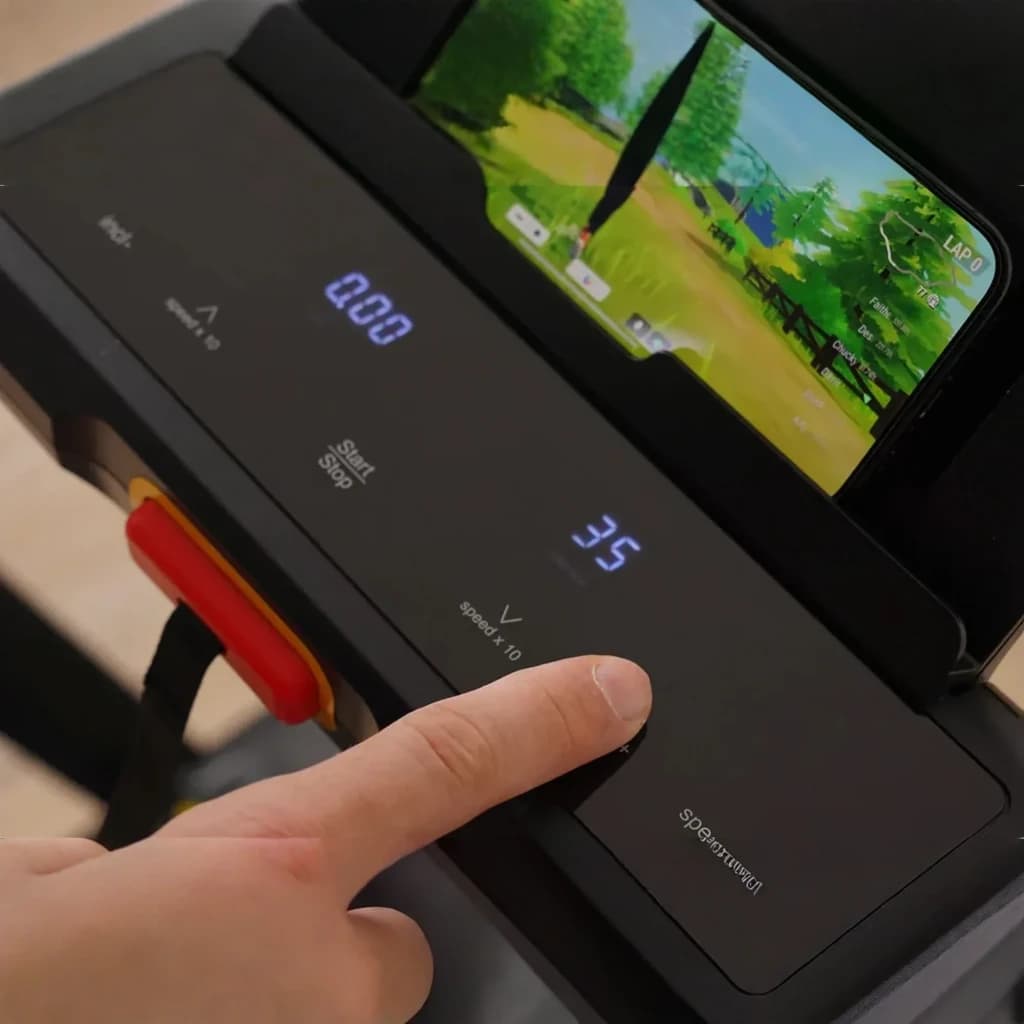 Painel da Passadeira Deerrun X20 com display digital azul, botões táteis de velocidade, suporte para smartphone e chave de segurança vermelha
