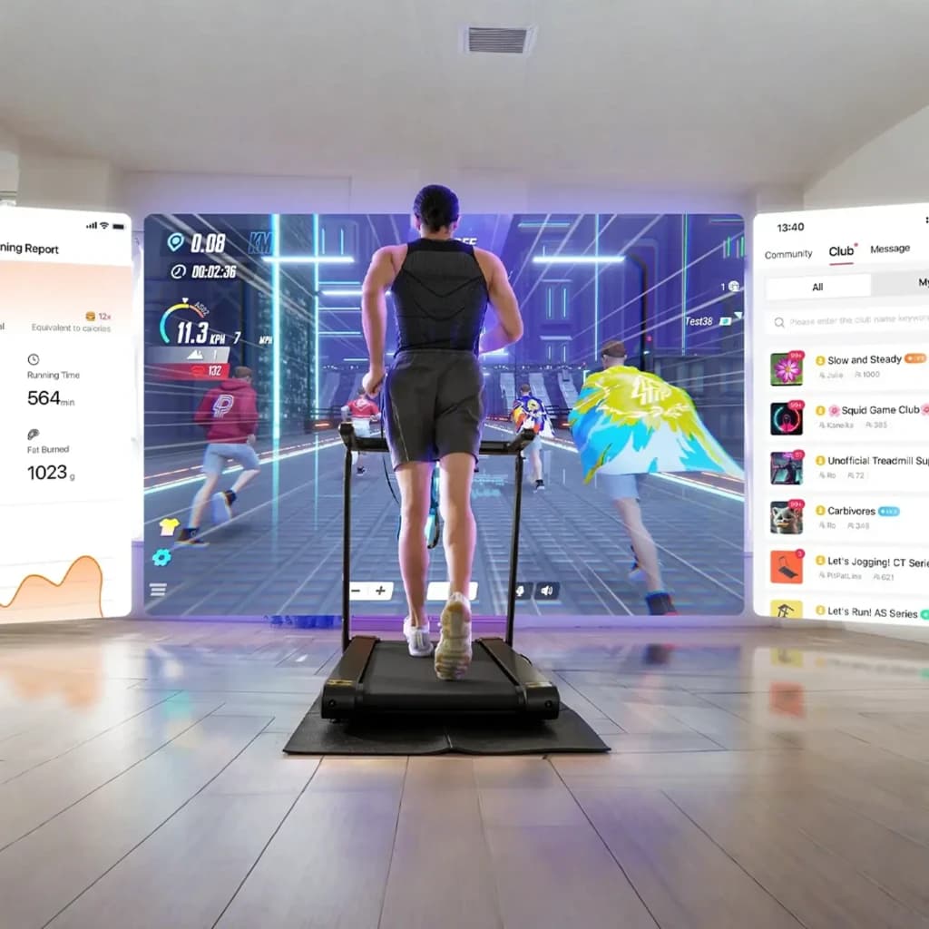 Passadeira Deerrun X20 dobrável com tela interativa projetada, corrimãos minimalistas, base robusta e app exibindo ritmo, inclinação 15% e até 18 km/h