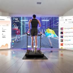 Passadeira Deerrun X20 dobrável com tela interativa projetada, corrimãos minimalistas, base robusta e app exibindo ritmo, inclinação 15% e até 18 km/h