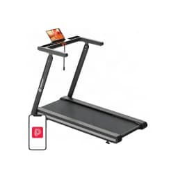 Passadeira Deerrun X20 dobrável com estrutura preta, suporte para tablet e cabo USB, painel minimalista e base de corrida ampla e antiderrapante