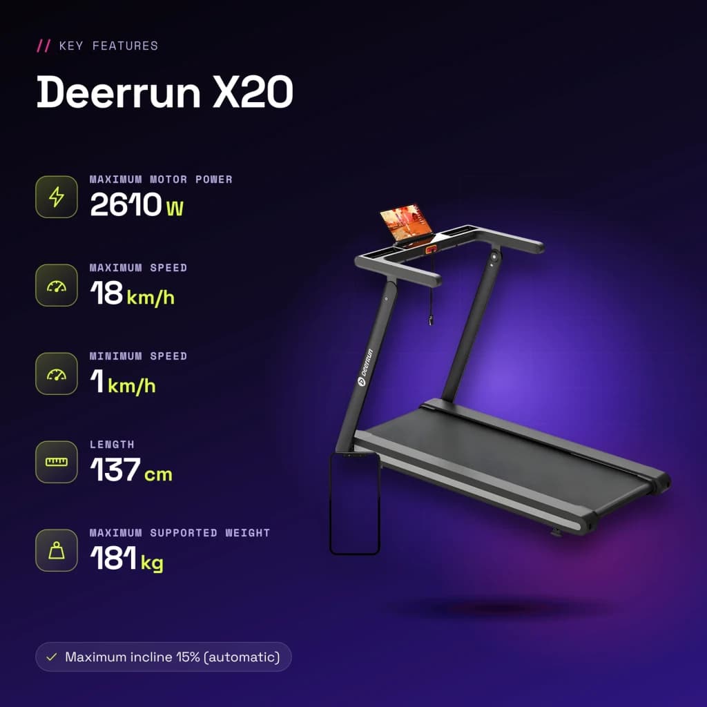 Passadeira Deerrun X20 Preto Dobrável 18km/h 15% Automática - características