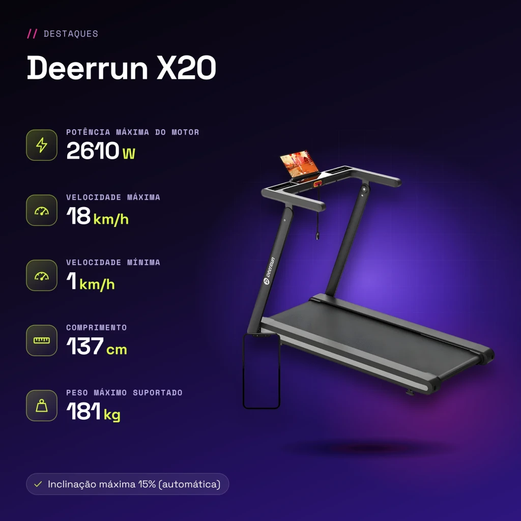 Passadeira Deerrun X20 Preto Dobrável 18km/h 15% Automática - características
