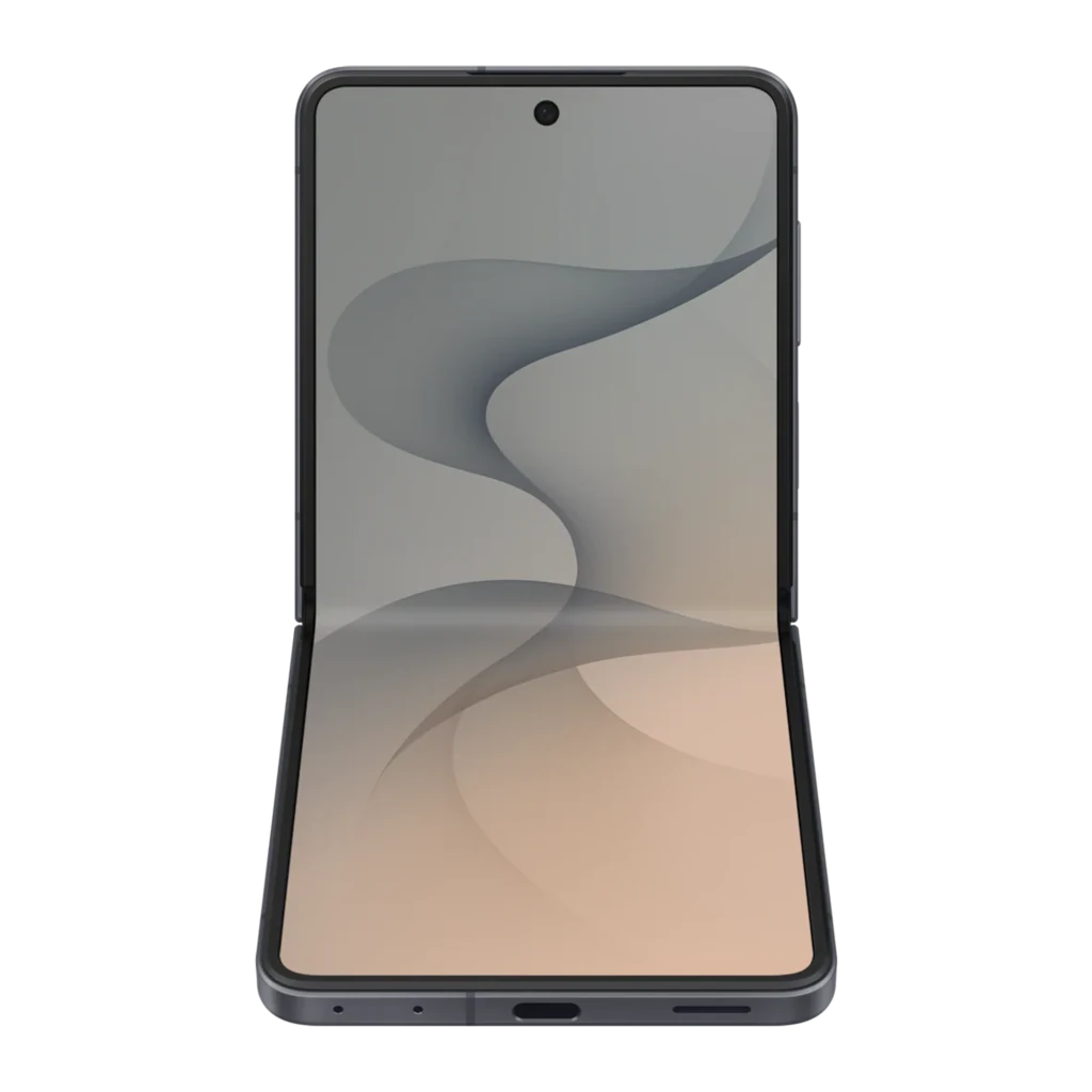 Samsung Galaxy Flip8 5G 256GB gris, vista frontal: pantalla desplegada con fondo de ondas y cámara perforada centrada - Ítem1