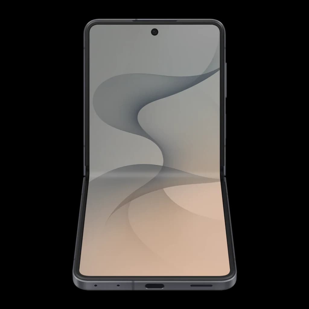Samsung Galaxy Flip8 5G 256GB Grafito, vista frontal: plegable abierto, pantalla principal con fondo ondulado y bisagra