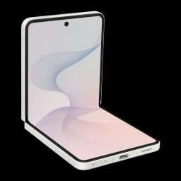 Samsung Galaxy Flip8 5G 256GB Creme, vista em perspectiva: dobrável aberto em ângulo, ecrã principal com fundo degradê e