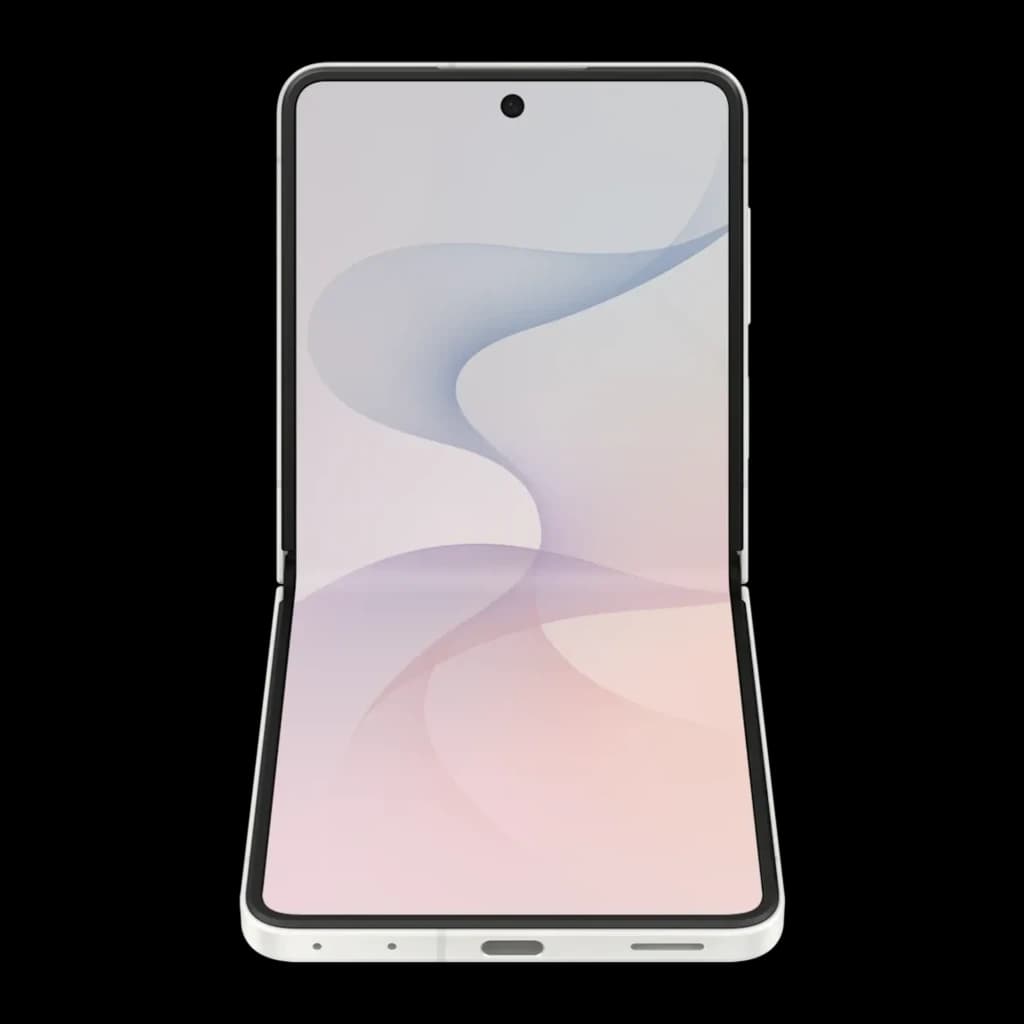 Samsung Galaxy Flip8 5G 256GB Creme, vista frontal aberto: ecrã dobrável expandido com papel de parede ondulado rosa e