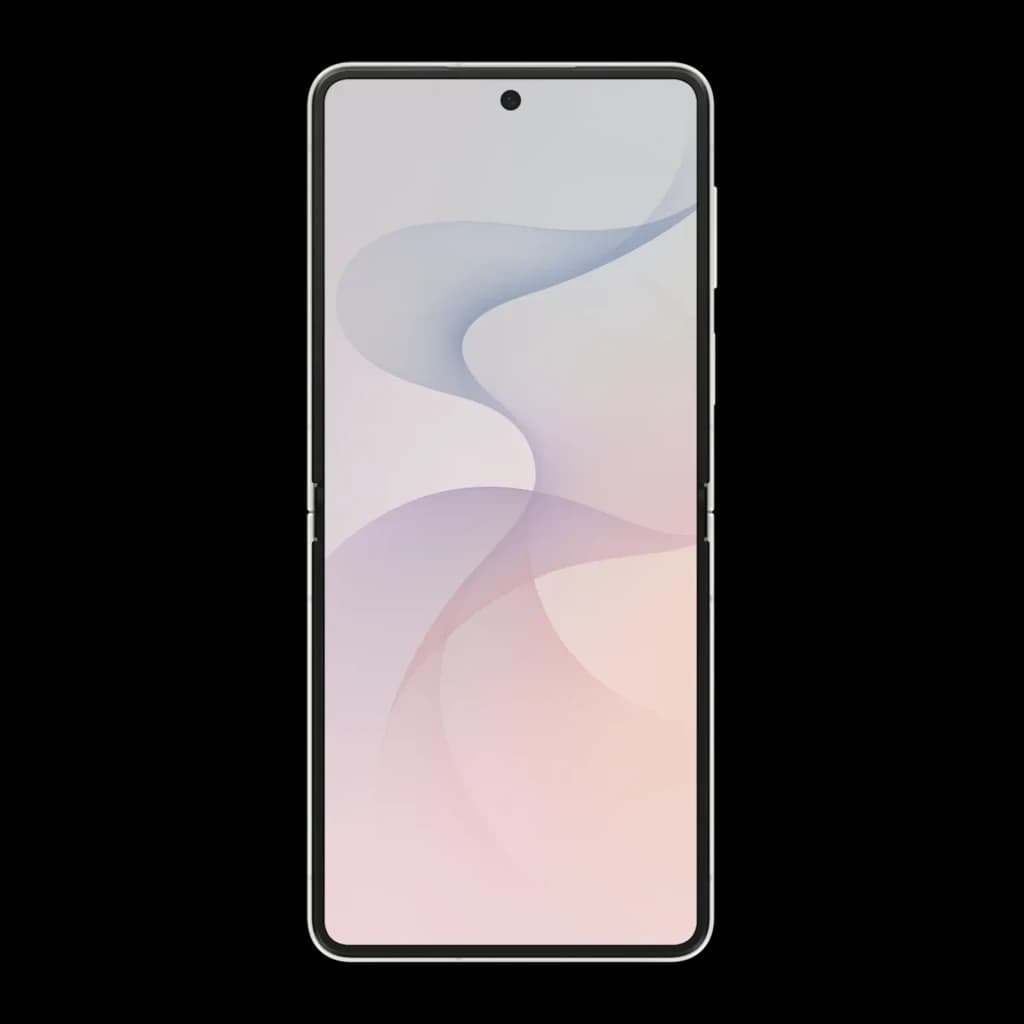 Samsung Galaxy Flip8 5G 256GB Creme, vista frontal: ecrã desdobrado com fundo ondulado pastel e câmara perfurada