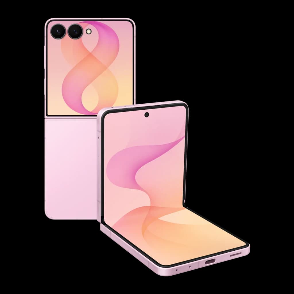 Samsung Galaxy Flip8 5G 256GB Rosa, vista principal: dois ângulos dobrado e aberto, ecrã interior e módulo de câmeras visível