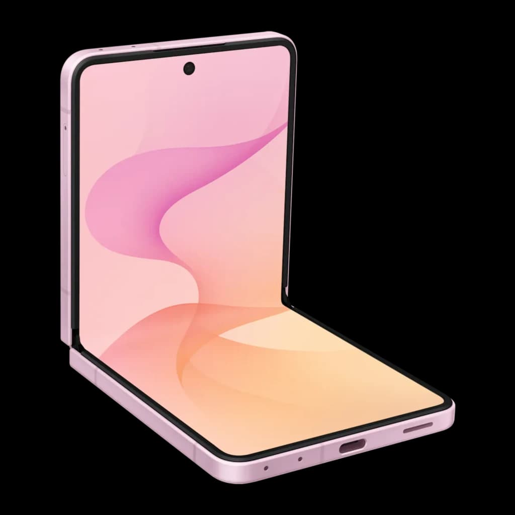 Samsung Galaxy Flip8 5G 256GB Rosa, vista frontal em ângulo: dobrável aberto em L, ecrã ligado com fundo degradê rosa