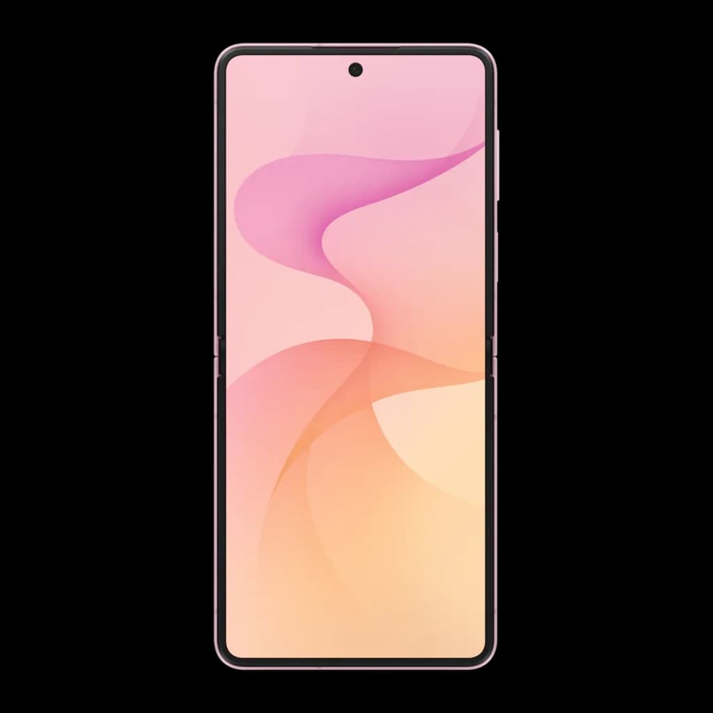 Samsung Galaxy Flip8 5G 256GB Rosa, vista frontal: ecrã desdobrado com fundo degradê em tons rosa e laranja