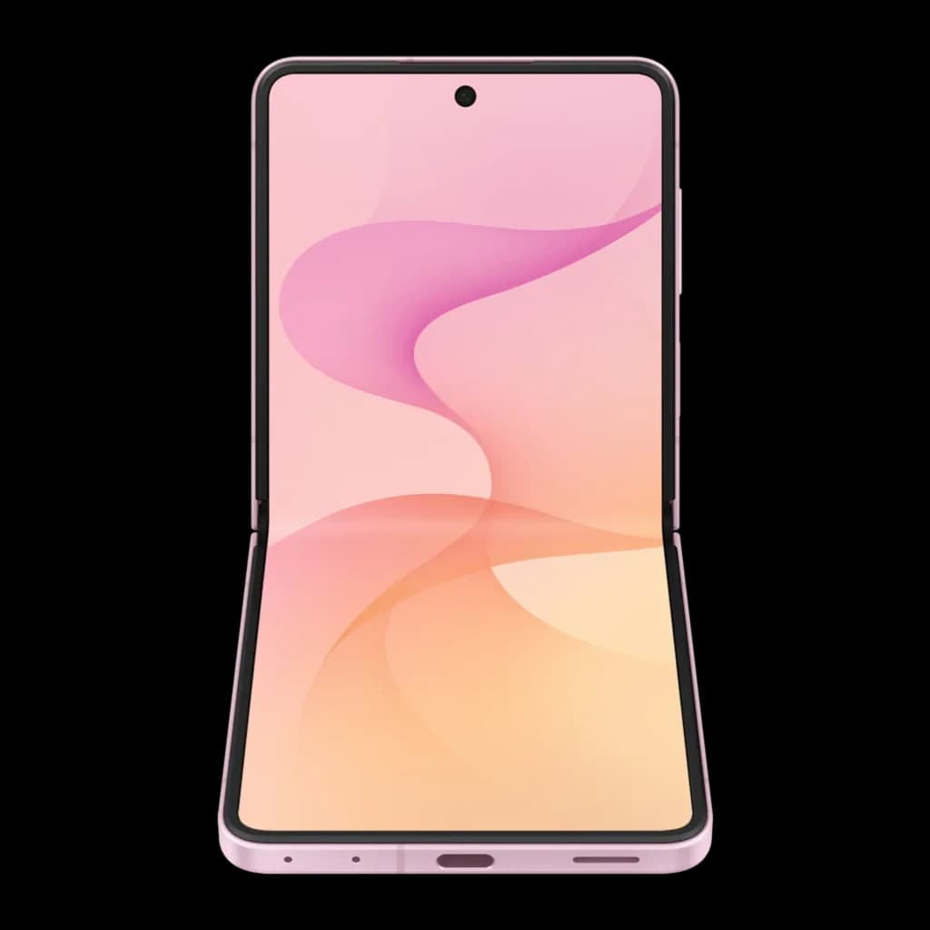 Samsung Galaxy Flip8 5G 256GB Rosa, vista frontal: dobrável aberto com ecrã ligado e wallpaper degradê rosa