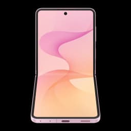 Samsung Galaxy Flip8 5G 256GB Rosa, vista frontal: dobrável aberto com ecrã ligado e wallpaper degradê rosa