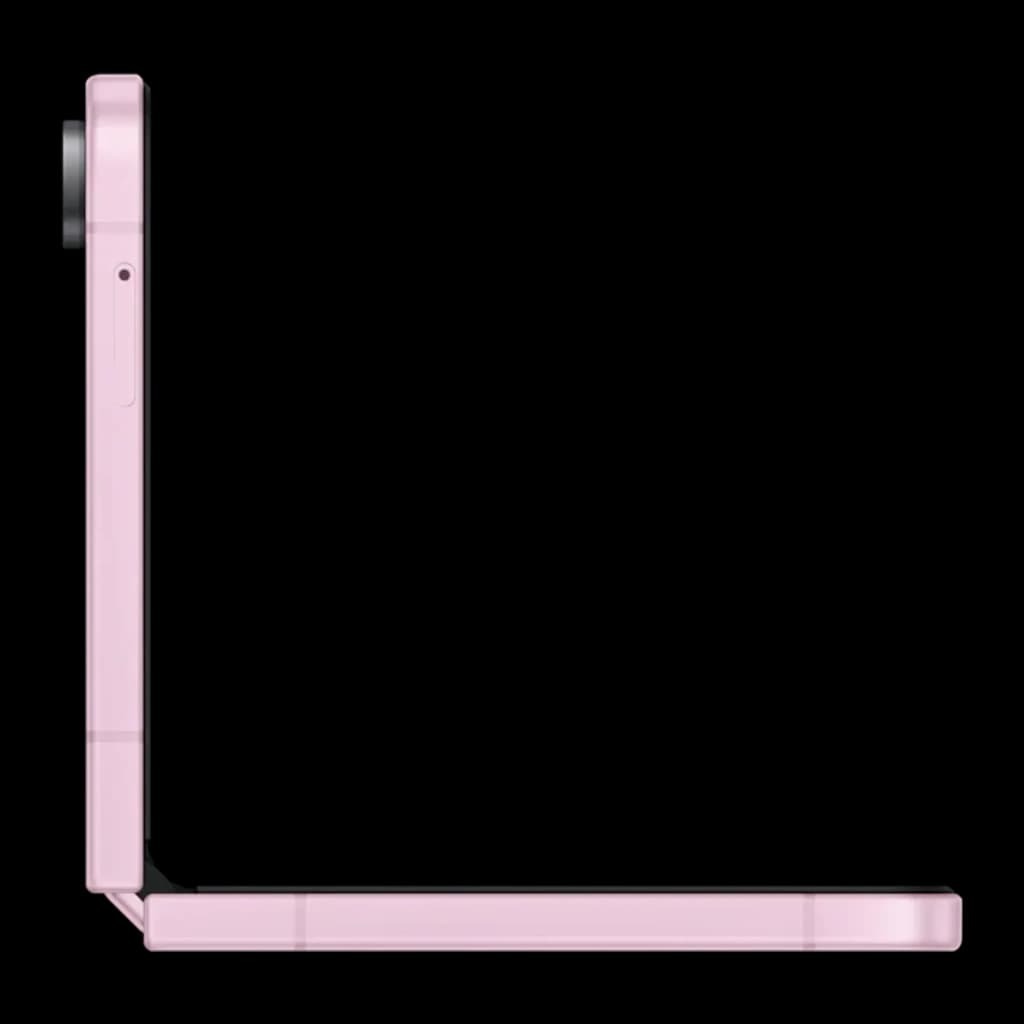 Samsung Galaxy Flip8 5G 256GB Rosa, vista lateral: perfil em L dobrado a 90°, módulo de câmeras e dobradiça visíveis