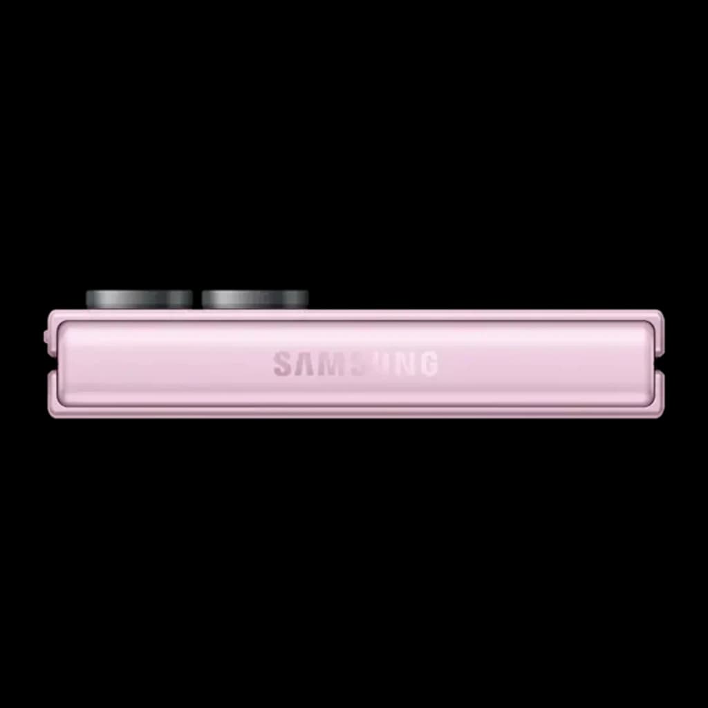 Samsung Galaxy Flip8 5G 256GB rosa, vista superior dobrado: módulo de câmeras e logo Samsung visíveis