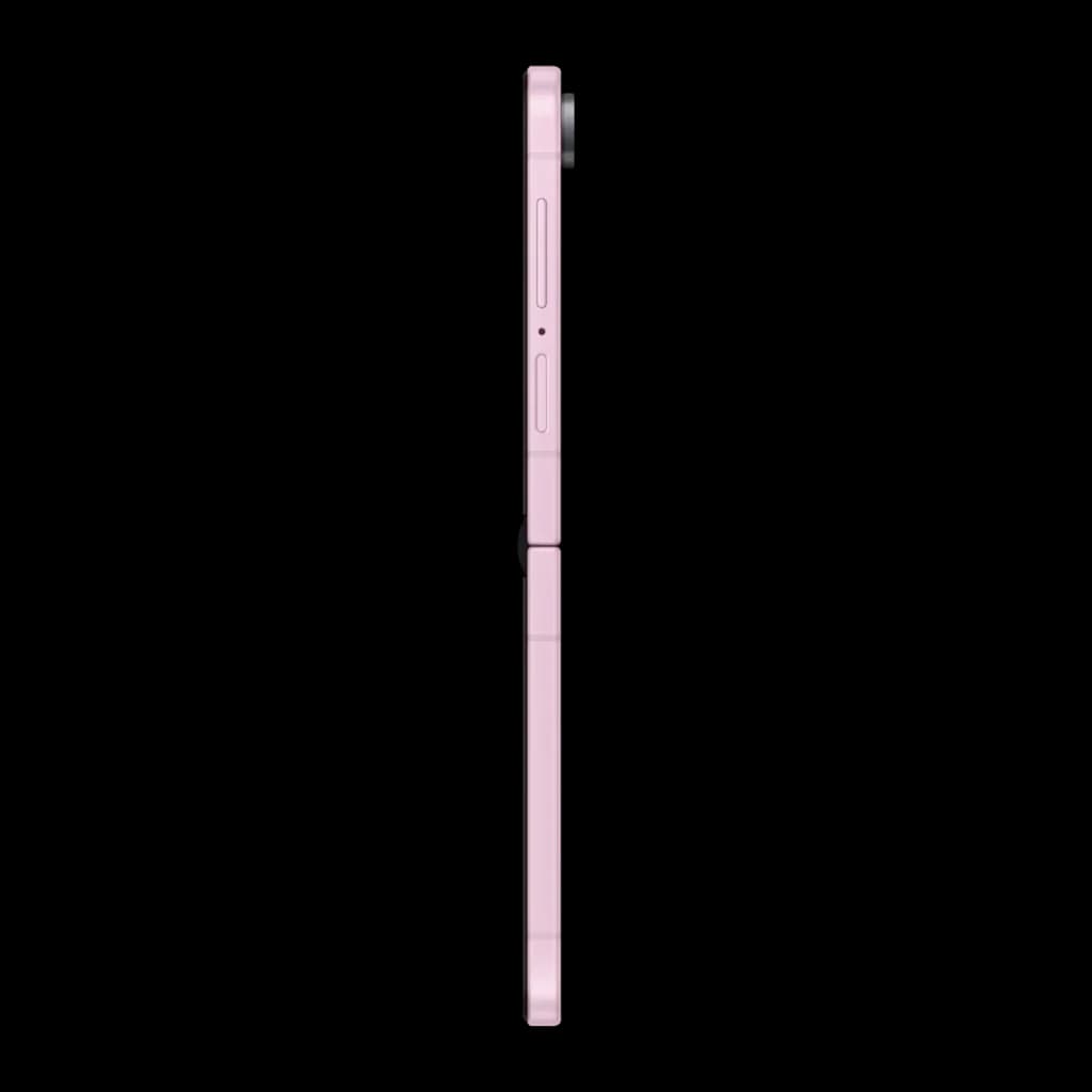Samsung Galaxy Flip8 5G 256GB rosa, vista lateral: perfil fechado com dobradiça, botões e módulo de câmeras visíveis