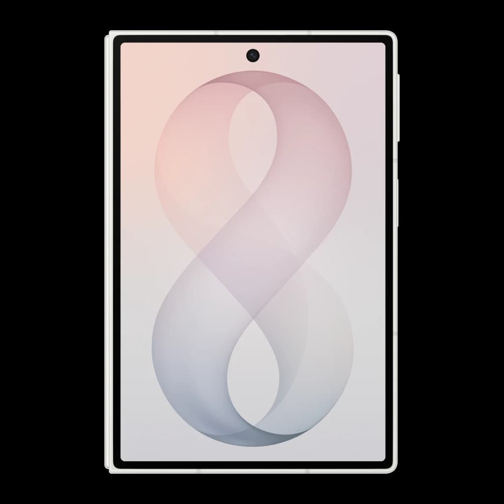 Samsung Galaxy Z Fold8 512GB Blanco, pantalla interior desplegada: vista frontal con wallpaper en forma de 8 y cámara selfie