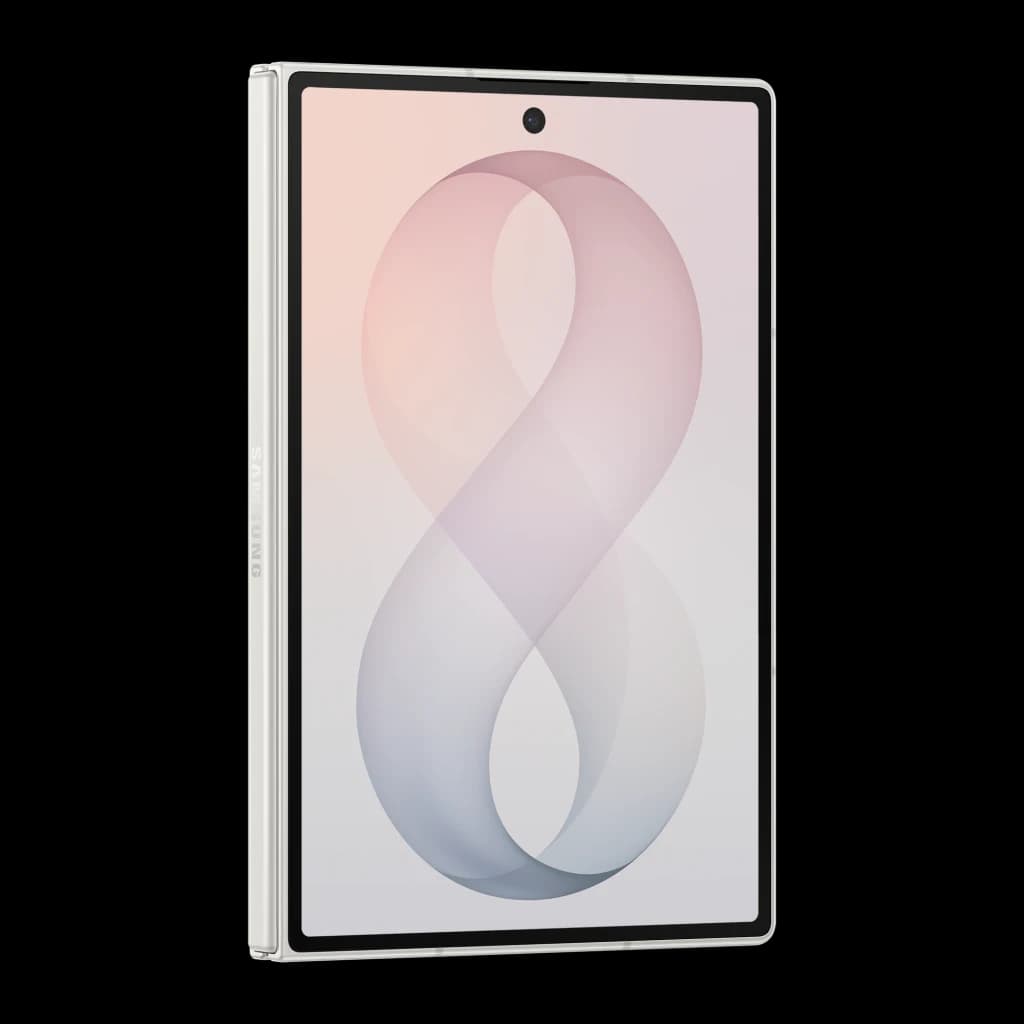 Samsung Galaxy Z Fold8 512GB blanco, vista frontal en ángulo: pantalla interior desplegada con fondo rosa y cámara